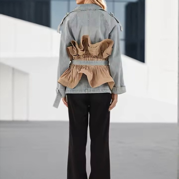 NEW WOMENS DENIM PATCHWORK RUFFLES JACKET MEDIUM - Picture 7 of 11